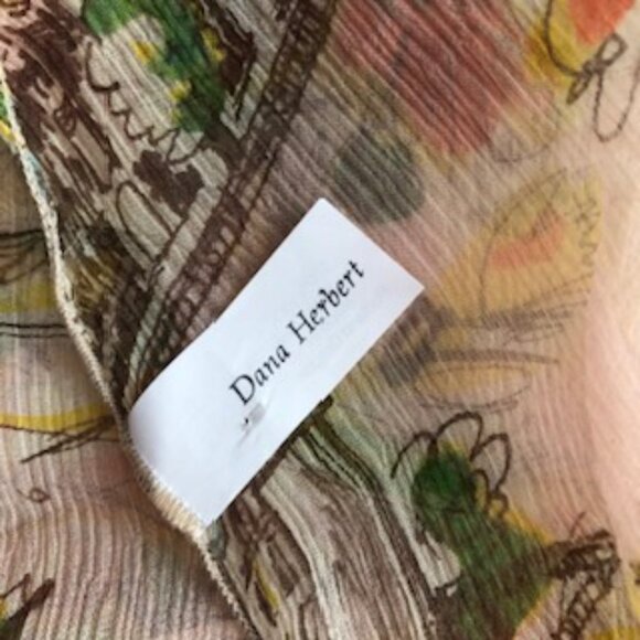 3/$15 Portland Artist Dana Herbert Oblong Silk Scarf Orange Yellow Buildings - Picture 4 of 5